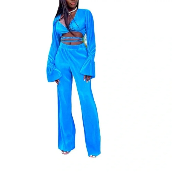 RODAWU Pants - NEW LADIES WRAP KNIT PLISE FLARE LEG WRAP SET